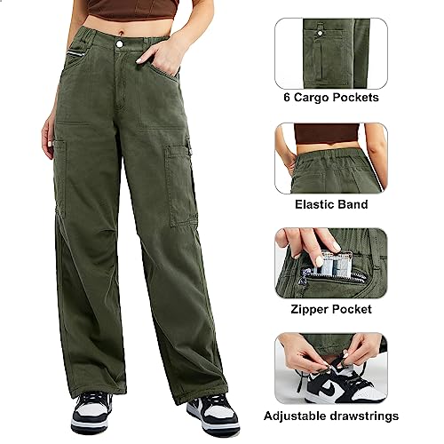 Znyeth Cargo Pants Women High Waist Baggy Jeans with 7 Pockets Casual Wide Leg Y2K Pants for Womens Combat Military Work Pants Army Green 3XL