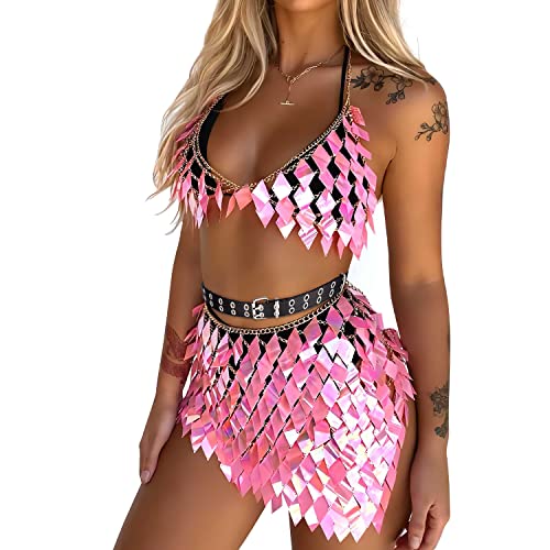 Sequins Tassels Body Chain Gold Bra Skirts Set Sexy Bikini Pink Rave Festival Party Beach Fashion Accessories Jewelry for Women and Girls