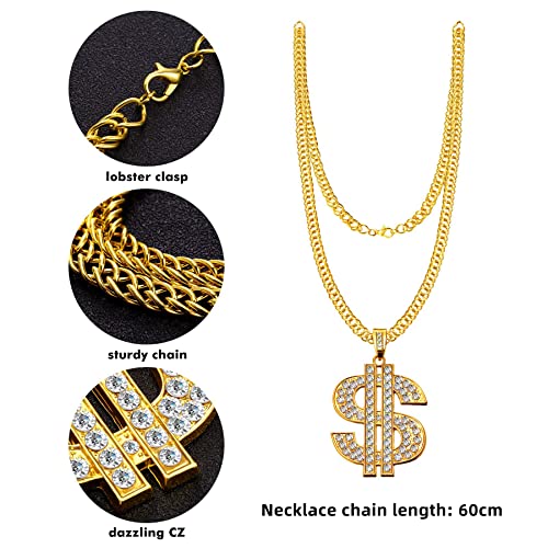 Ruicnte 80s 90s Hip Hop Costumes Outfit,6PC Old School Rapper Cosplay Themed Party Outfits Accessories,Fake Gold Money Chain,Dollar Sign Finger Ring for Men Boy,Punk Sunglasses