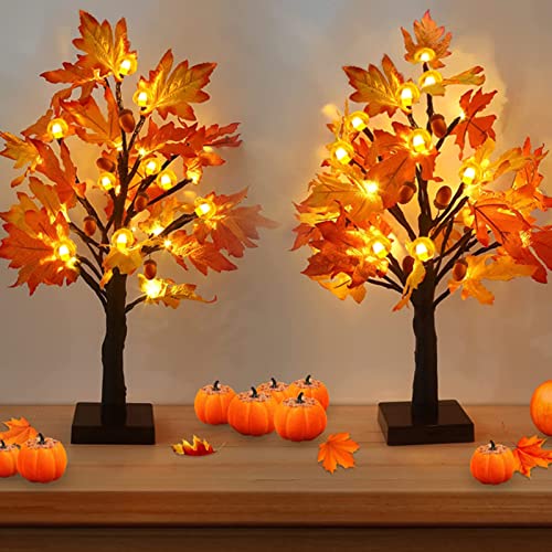 Efunly 2 Pack Fall Maple Tree with 48 LEDs Battery Operated Light Up Artificial Pumpkins Maple Acorn Tree for Fall Thanksgiving Table Harvest Home Indoor Decoration