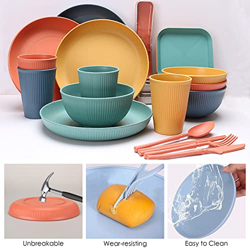 48 Pcs Dinnerware Sets, Unbreakable Plates and Bowls Sets, Reusable Dinnerware Sets for 4 People, Travel Camping Picnic Home Party Cutlery Set, Dishwasher Microwave Safe Dishes