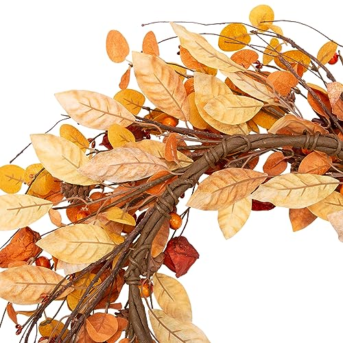 VGIA 18 Inch Fall Wreath Autumn Wreath for Front Door with Fall Leaves Artificial Autumn Harvest Wreath with Cape Gooseberries and Berries Fall Decorations for Home Wall and Window