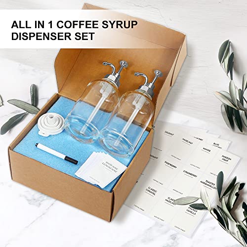 2 Pack 16.9OZ Coffee Syrup Dispenser for Coffee Bar with Labels and Silver Pump, 500ML Syrup Bottles for Home Bar, BPA Free & Durable Transparent Glass Syrup Dispenser Bottles