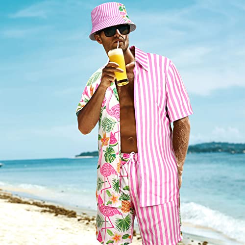 4Pcs Men's Hawaiian Shirt and Short Set Casual Button Down Summer Beach Flower Outfits with Bucket Hats and Sunglasses (Flamingo, M Size)