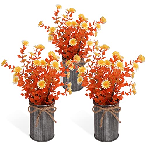 Omldggr 3 Pack Artificial Potted Flowers Autumn Potted Plants Artificial Fall Flowers for Fall Festival Thanksgiving Day Halloween Autumn Farmhouse Decoration Home Tiered Tray Tabletop Display