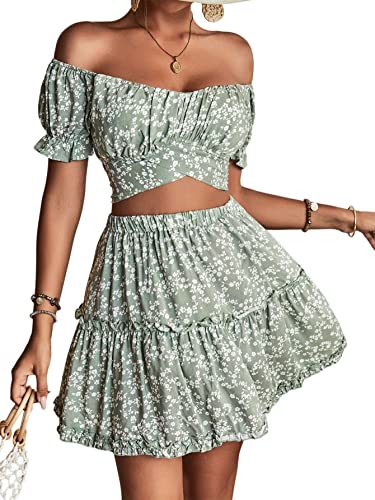 LYANER Women's 2 Piece Outfits Floral Off Shoulder Tie Up Crop Top and Mini Skirt Set Green Large