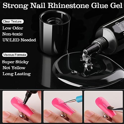 Rhinestones for Nails, Manicure Kit with Nail Rhinestone Glue Gel, 2-5mm Flatback Glass Crystal AB & Clear Gemstones and Colorful Resin Beads, Gem Glue for Nails (UV/LED Needed) with Dotting Tools