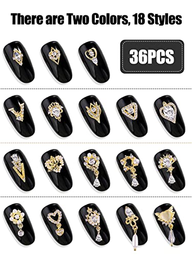 36 Pcs Luxury Nail Art Rhinestone, TOROKOM 3D Dangle Nail Art Charms Gold Silver Heart Pearl Crystal Gems Nail Diamond for Girl Women DIY Nail Design Craft Jewelry Making