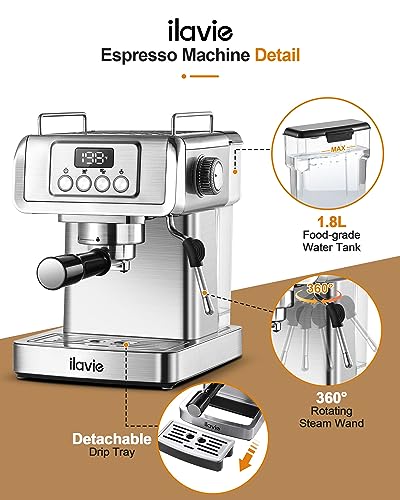 ILAVIE 20 Bar Espresso Machine, Stainless Steel Espresso Coffee Machine for Cappuccino, Latte, Espresso Maker for Home, Automatic Espresso Machine with Milk Steamer, 1.8L Water Tank, 1350W