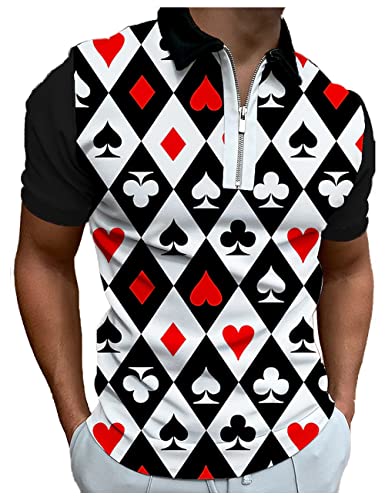 Hodaweisolp Men's Short Sleeve Zipper Casual Slim Fit Printed Golf Polo Shirt Tops Poker-M