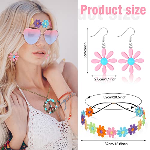 4 Pcs Hippie Costume Accessories Set 70s Peace Sign 60s Outfits for Women Necklace Daisy Earrings Flower Headband Sunglasses (Rainbow Style)