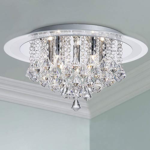 Bestier Modern Chrome Crystal Raindrop Flush Mount Chandelier Lighting LED Ceiling Light Fixture Lamp for Dining Room Bathroom Bedroom Livingroom G9 LED Bulbs Required Diameter 17.7 inch Height 7.5 in