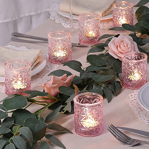 Sunnyfuture 12pcs Pink Votive Candle Holders, Tealight Candle Holders, Glass Candle Holders for Table Centerpiece, Wedding, Home Decoration, Birthday Party,Gifts