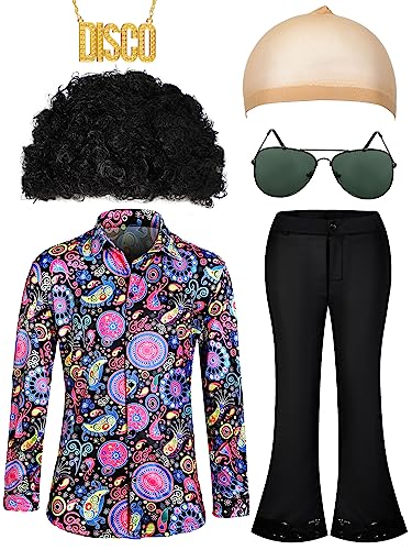 Mepase 6 Pcs Men 70s Disco Costumes Include Retro Shirt Bell Bottom Pants Sunglasses Necklace for Disco Party (Floral Style,Large)