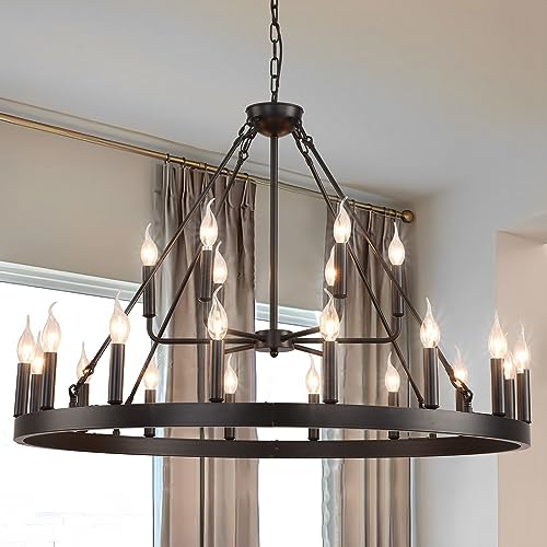 Black Wagon Wheel Chandelier Farmhouse 40 Inch 22-Lights Black Round Rustic Hanging Lighting Pendant Light Fixture for living room high ceiling outdoor wheel chandelier for porch foyer dining room