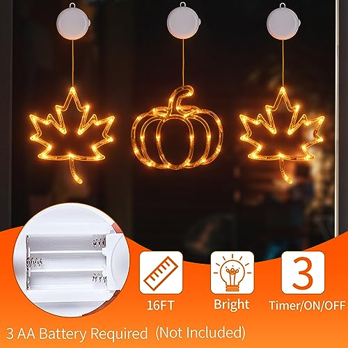 Fall Decor, Thanksgiving Window Decorations Lights, 3 Pack Fall Decorations for Home, LED Pumpkin Lights & Maple Lights Battery Operated, Thanksgiving Autumn Harvest Décor