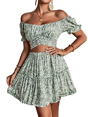 LYANER Women's 2 Piece Outfits Floral Off Shoulder Tie Up Crop Top and Mini Skirt Set Green Large