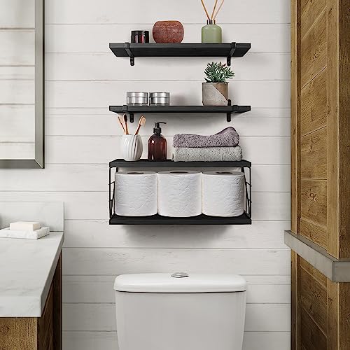 TJ.MOREE Bathroom Shelves Over Toilet Floating Shelves for Wall Rustic with Toilet Paper Wire Basket, Farmhouse Floating Shelf for Bedroom, Living Room, Kitchen, Wall Decoration (Black)