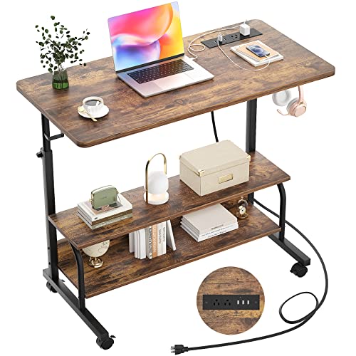 Height Adjustable Standing Desk with Power Outlets, 32" Manual Stand Up Desk with Storage Shelves Small Mobile Rolling Computer Desk Portable Laptop Table with Wheels for Home Office, Rustic