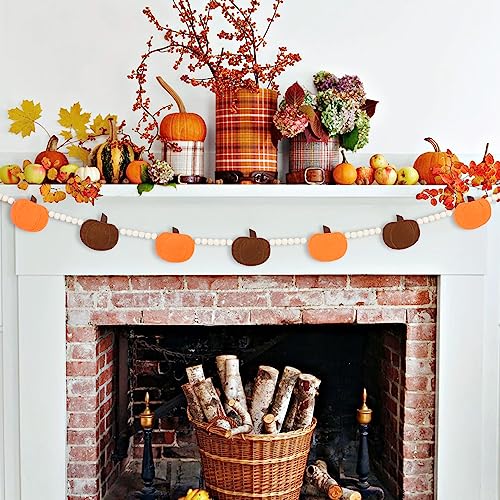 DAZONGE Fall Decorations for Home, Fall Decor, Felt Pumpkin Garland and Wood Bead for Mantle Wall Decor, Farmhouse Fall/Thanksgiving Decorations