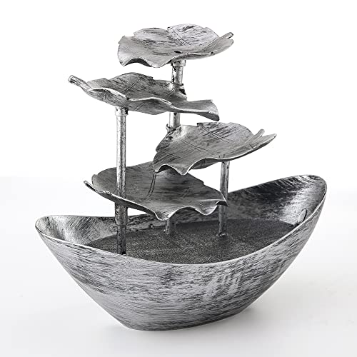 Creative Ingot Lotus Leaf Flowing Water Tabletop Fountain with LED Night Light, Automatic Pump USB Desk Fountain Home Office Decor(Silver)