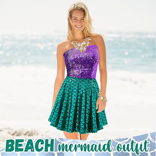 Newcotte 4 Pcs Mermaid Costume for Women Purple Sequin Mermaid Crop Tops Mermaid Skirts Mermaid Shell Necklace and Bracelet (Medium)