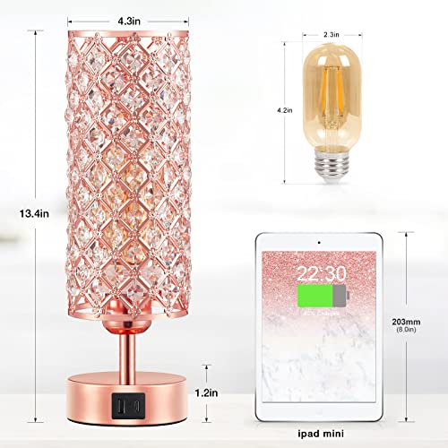 Hong-in Crystal Table Lamp, Rose Gold Lamp with USB C+A Ports, 3 Way Dimmable Light with Crystal Lampshade, Bedside Lamp Small Touch Light for Living Room Bedroom Home, Charge Phone (Bulb Included)