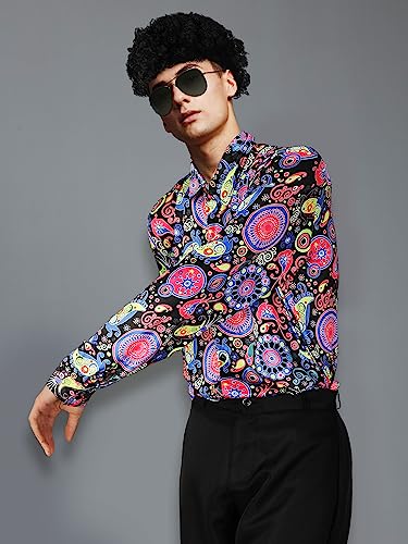 Mepase 6 Pcs Men 70s Disco Costumes Include Retro Shirt Bell Bottom Pants Sunglasses Necklace for Disco Party (Floral Style,Large)