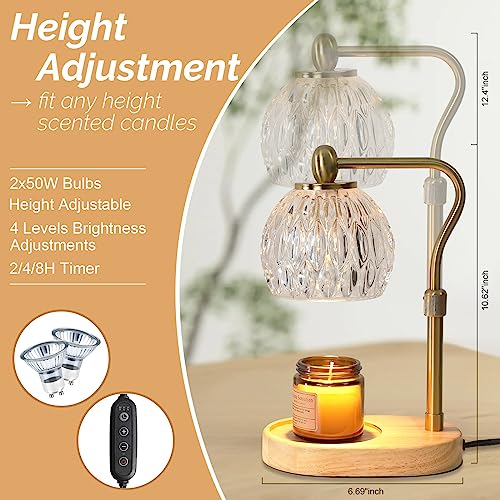 HASUN Candle Warmer Lamp, Vintage Glass Electric Dimmable Candle Warmer Lamp with Timer and Adjustable Height/Heat, 2-8h Timer, Candle Lamp for Bedroom, Scented Candles Warmer Gold with 2 Bulbs