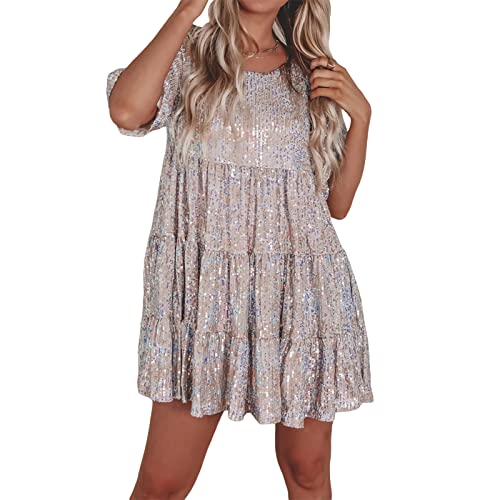 GOOCHEER Women 's Glitter Sequin Loose Shirt Dress Short Sleeve Babydoll Sparkly Tiered Mini Dress Concert Party Clubwear (Silver, XL)