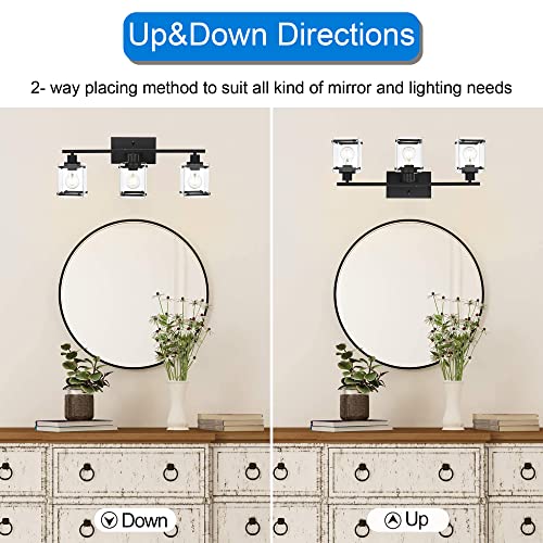 MELUCEE 3 Light Bathroom Lights Over Mirror Black Vanity Lighting Fixtures with Rectangular Clear Glass, Modern Bathroom Light Fixtures Wall Mount Lamp for Bath Powder Room Bedroom