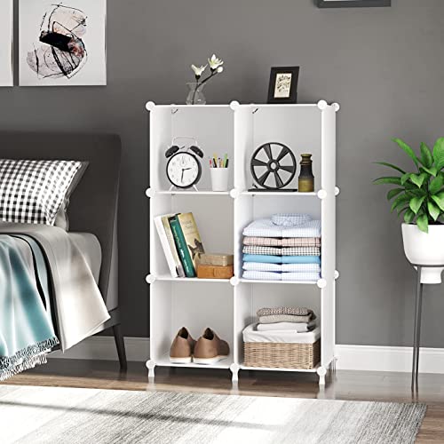 AWTATOS Cube Storage Organizer, Shelves Bookshelf, 6 Cube Closet Organizers and Storage, DIY Stackable Plastic Clothes Organizer Shelving for Bedroom, Home Office, White