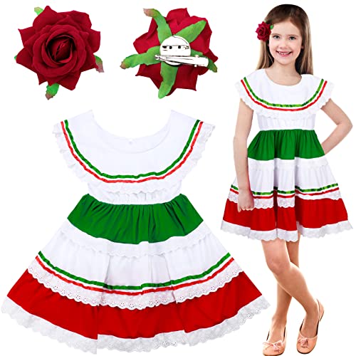 Xtinmee 2 Pcs Girls Traditional Mexican Fiesta Dress Kit with Flower Headpiece Cinco De Mayo Halloween Party Costume Size 6-8(Cute Style)