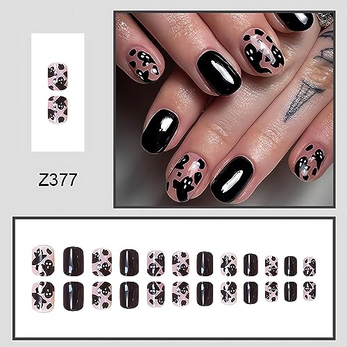 Halloween Press on Nails Short Square Shape Halloween Fake Nails Black Green Halloween False Nails Cute Halloween Ghost Designs Artificial Nails for Women and Girls Finger Decorations, 24Pcs