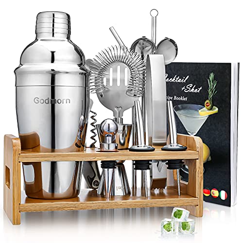 Cocktail Shaker Set Bartender Kit, Godmorn 15Pcs Bartender Shaker Set, 304 Stainless Steel Martini Shaker and Strainer, 550ml /19OZ Bar Tool Set with Bamboo Stand, Recipe Book, for Home and Bar