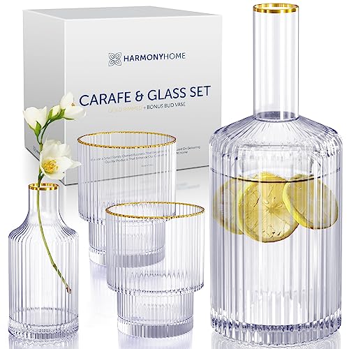 Harmony Home Bedside Water Carafe And Glass Set - 4 Piece Hand Crafted Fluted Borosilicate Glass w/Gold Rim & BONUS Bud Vase| Bedside Carafe |Carafe w/Cup| Carafe Bedside |Bedside Water Decanter