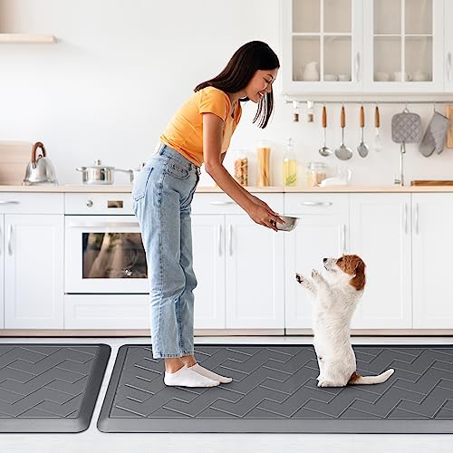 WEZVIX Non-Skid Kitchen Rugs and Mats Waterproof, Anti Fatigue Kitchen Mat 2 PCS, 1/2 Inch Thick Kitchen Floor Mat, Ergonomic Comfort Foam Standing Mat for Floor, Office, Sink, Laundry - Grey