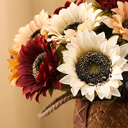 Hawesome White Sunflowers Artificial Flowers 7 Pcs Faux Silk Sunflowers Bouquet Fake Real Touch Long Stems Floral for Wedding Party Centerpieces Home Decoration(Autumn White)