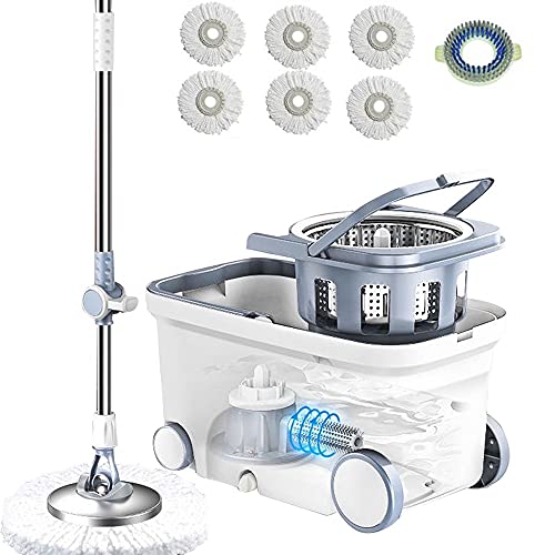 Michao Spin Mop Bucket Deluxe 360 Spinning Floor Cleaning System with 6 Microfiber Replacement Head Refills,62" Extended Handle,4X Wheel for Home Cleaning