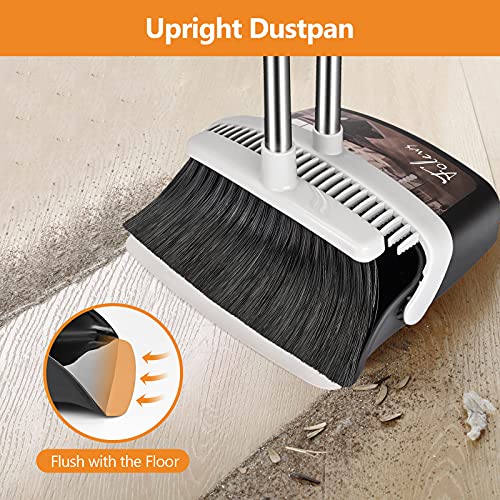 Dust Pan and Broom with Long Handle, Heavy Duty for Home Kitchen Office Indoor Outdoor Sweeping 55 Inch Broom for Floor Cleaning Standing Dustpan with Teeth