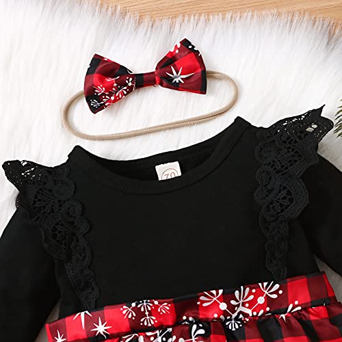 1st Christmas Outfit Newborn Baby Girl Flutter Lace Long Sleeve Top Floral Skirt Bodysuit Xmas Dress Headband (Red-Plaid, 6-9 Months)