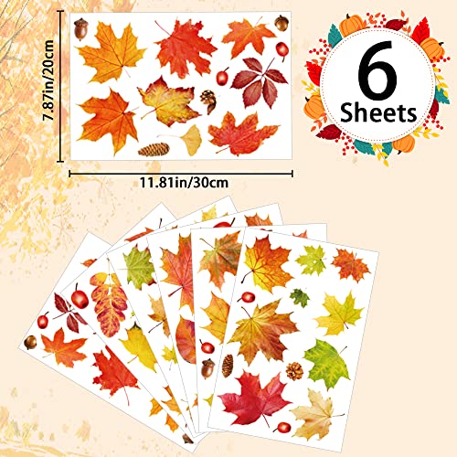 YUJUN 6 Sheets Thanksgiving Fall Window Clings, Maple Leaves Pine Cones Window Decals Stickers for Autumn Glass Home Decor and Thanksgiving Fall Window Decoration