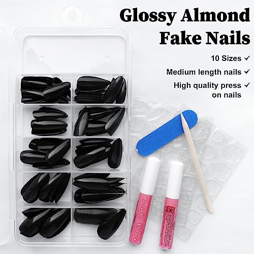 AddFavor 120pcs Short Press on Nails Almond Fake Nails Glossy Black Almond Nails Medium Full Cover Acrylic False Nails with Nail Glue, Adhesive Tabs, File Tools for Women