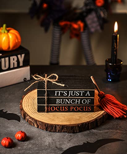 Halloween Wood Book Stack, Hocus Pocus Mini Faux Books Bundle, Halloween Tiered Tray Decor for Home Table Mantle Fireplace Shelf