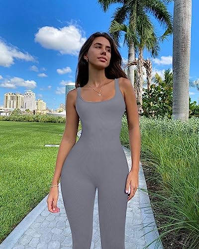 OLCHEE Womens Workout Rompers Jumpsuits Seamless Ribbed Yoga Gym One Piece Sleeveless Square Neck Tank Top Leggings Unitard - Grey Large