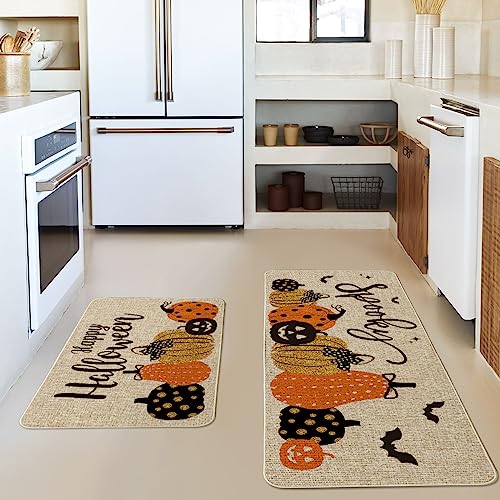 Artoid Mode Pumpkin Bats Happy Halloween Kitchen Mats Set of 2, Home Decor Low-Profile Kitchen Rugs for Floor - 17x29 and 17x47 Inch