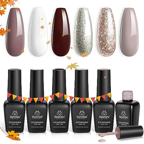 Beetles Holiday Gel Nail Polish Set - 6 Colors Burgundy Red Brown Champagne Gold Brown Gel Polish Kit Snow White Nude Grey Soak off Nail Lamp Gel Polish Gel Nail Manicure Kit DIY Gift