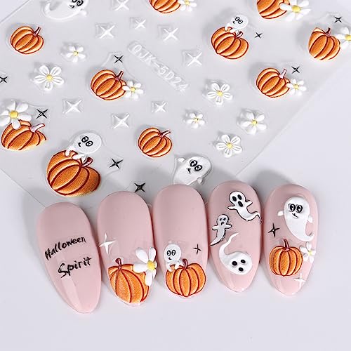 JMEOWIO 3D Embossed Halloween Nail Art Stickers Decals Self-Adhesive Pegatinas Uñas 5D Cute Pumpkin Ghost Flower Spook Nail Supplies Nail Art Design Decoration Accessories 4 Sheets