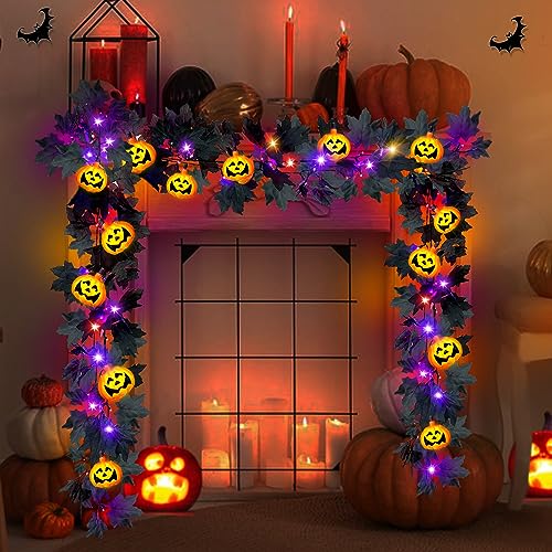 [Orange & Purple Lights] 2 Pack Black Halloween Garland Lights with 3D 20 Pumpkin Halloween Decorations Total 16.4Ft 40LED Black Maple Leaf Lights Hanging Garlands Battery Operated Home Indoor Home