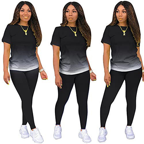 AOMONI Two Piece Outfits for Women Summer Bodycon Biker Pants Sets Casual Short Sleeve Top Tracksuit Plus Size Outfits Black Small